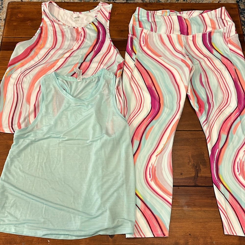 Girls 3 piece outfit. Super cute. 2 tank tops & 1 pair of leggings bright colors